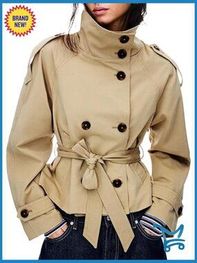 Cropped Trench Coat Double Breasted Short Jacket High Collar Fall Winter Coat